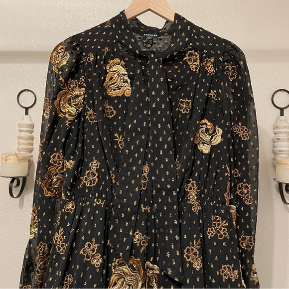 Express Long Sleeve Dress in Black with Gold and Bronze Embroidered Floral - Picture 6 of 11